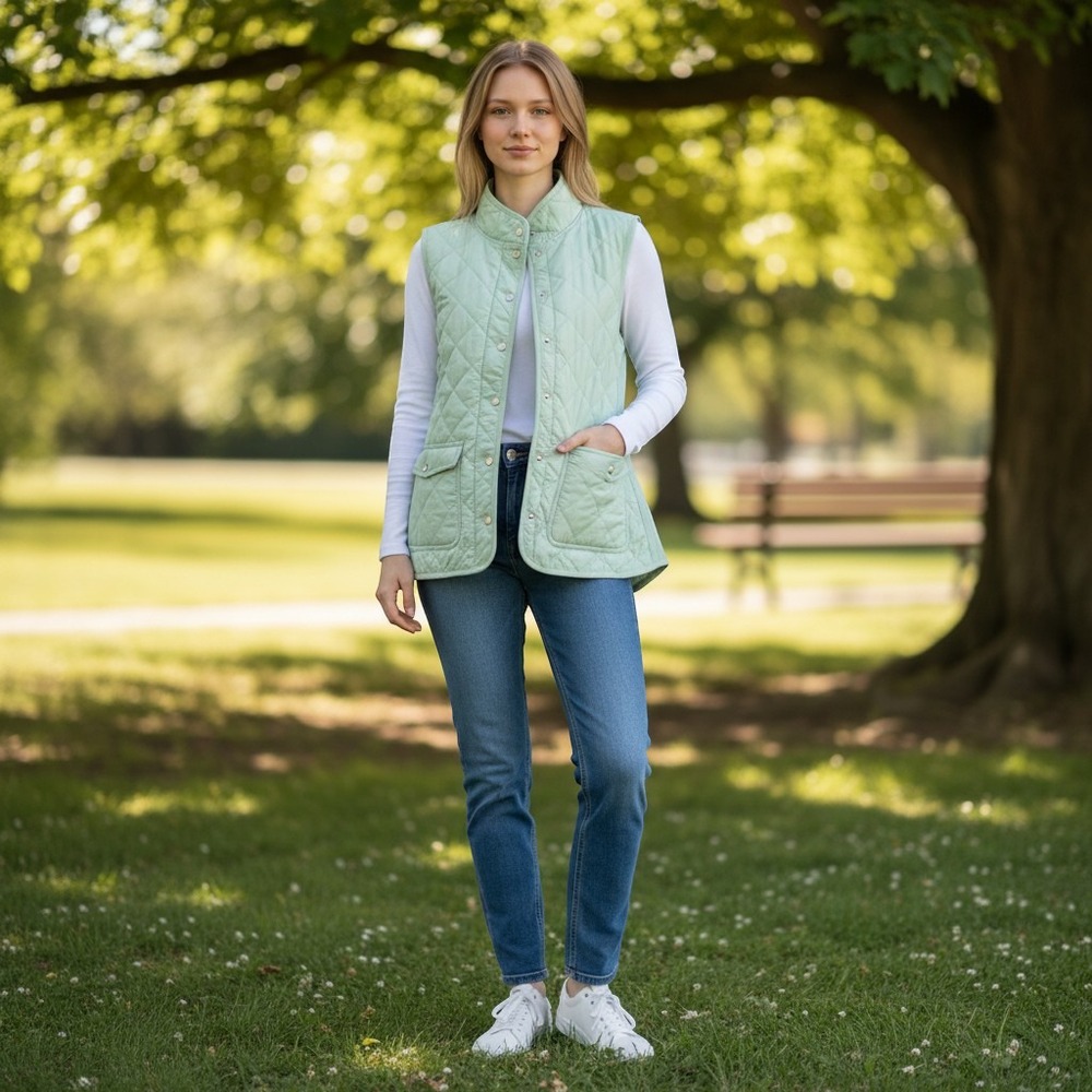 Kenar‎ Quilted Puffer Vest Light Mint Green Sleeveless Zip Up Pocketed L